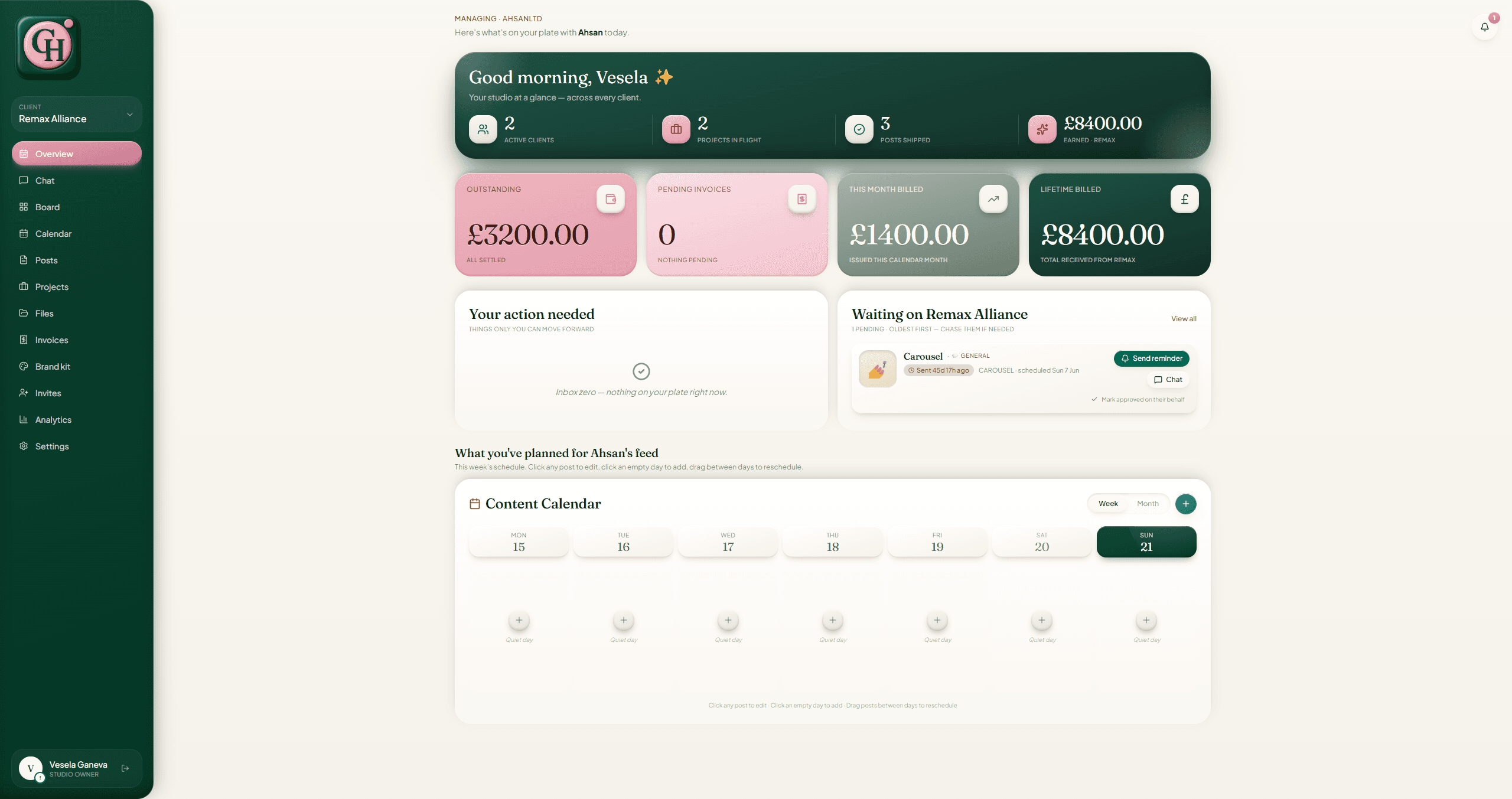 The Creative Hub client portal — your content, always visible